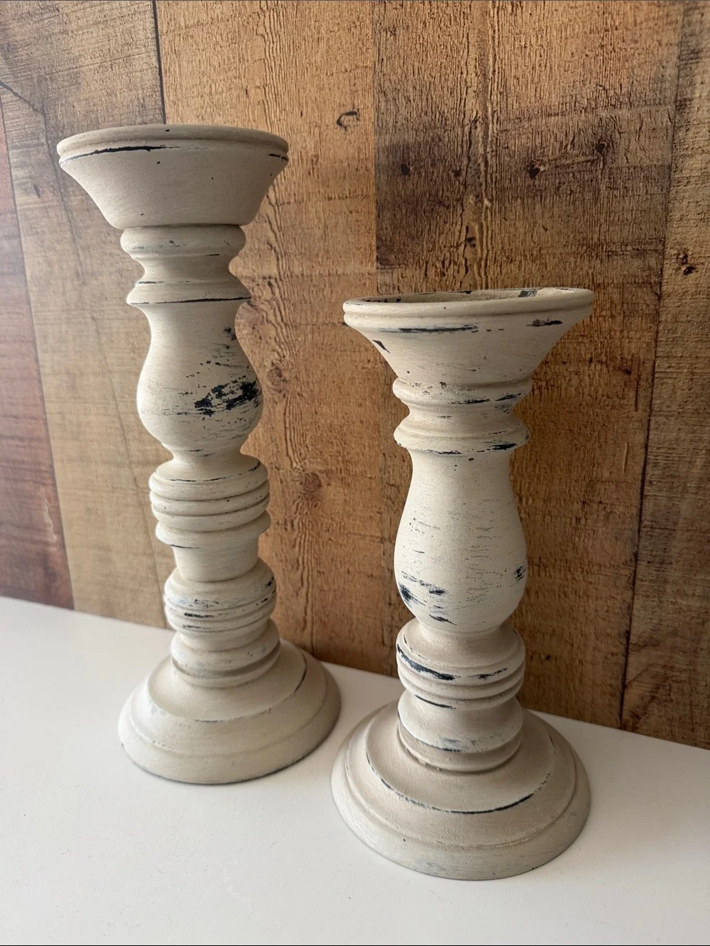 Farmhouse Distressed Cream Wood Candle Holders - Set of 2